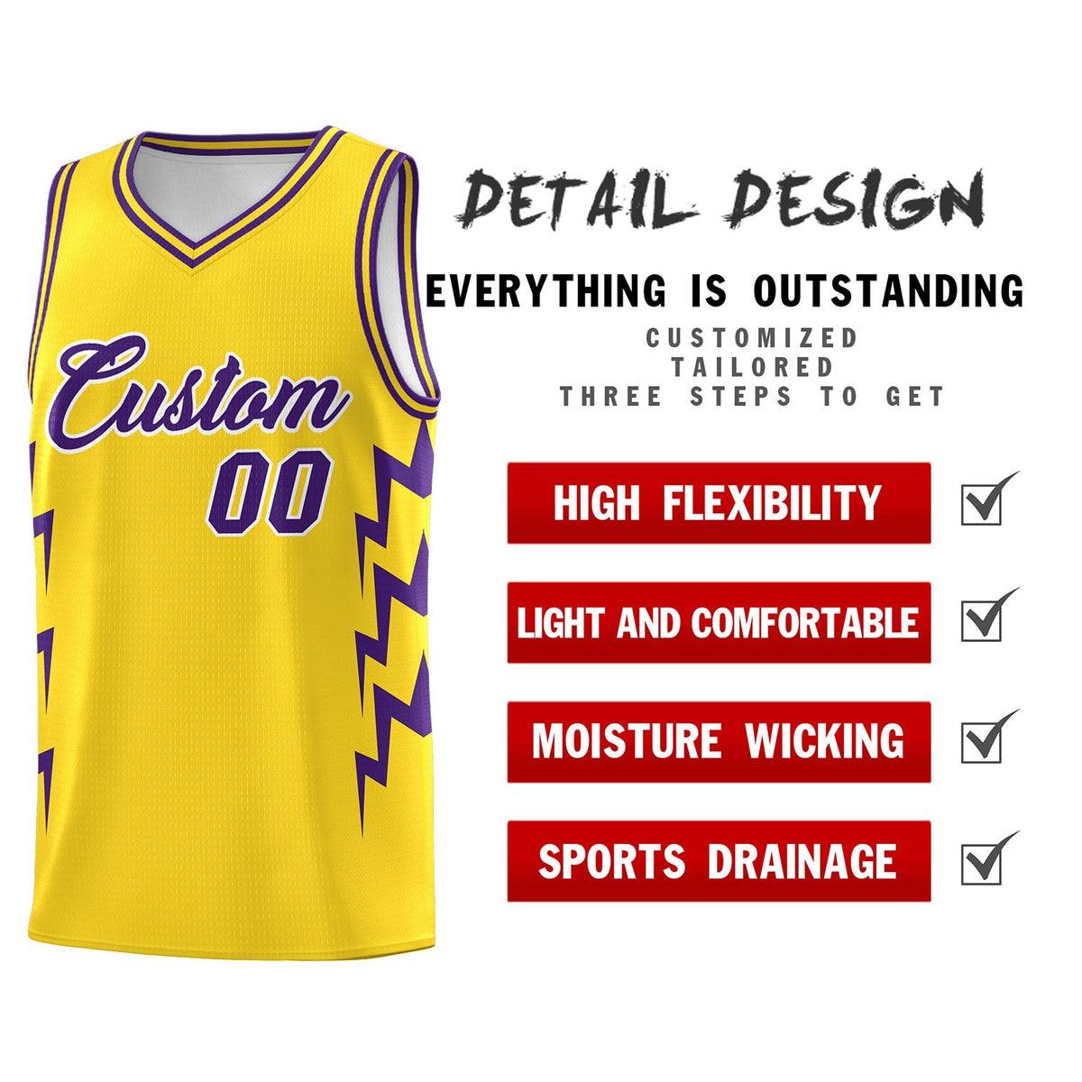 Custom Gold Side Lightning Pattern Sports Uniform Basketball Jersey