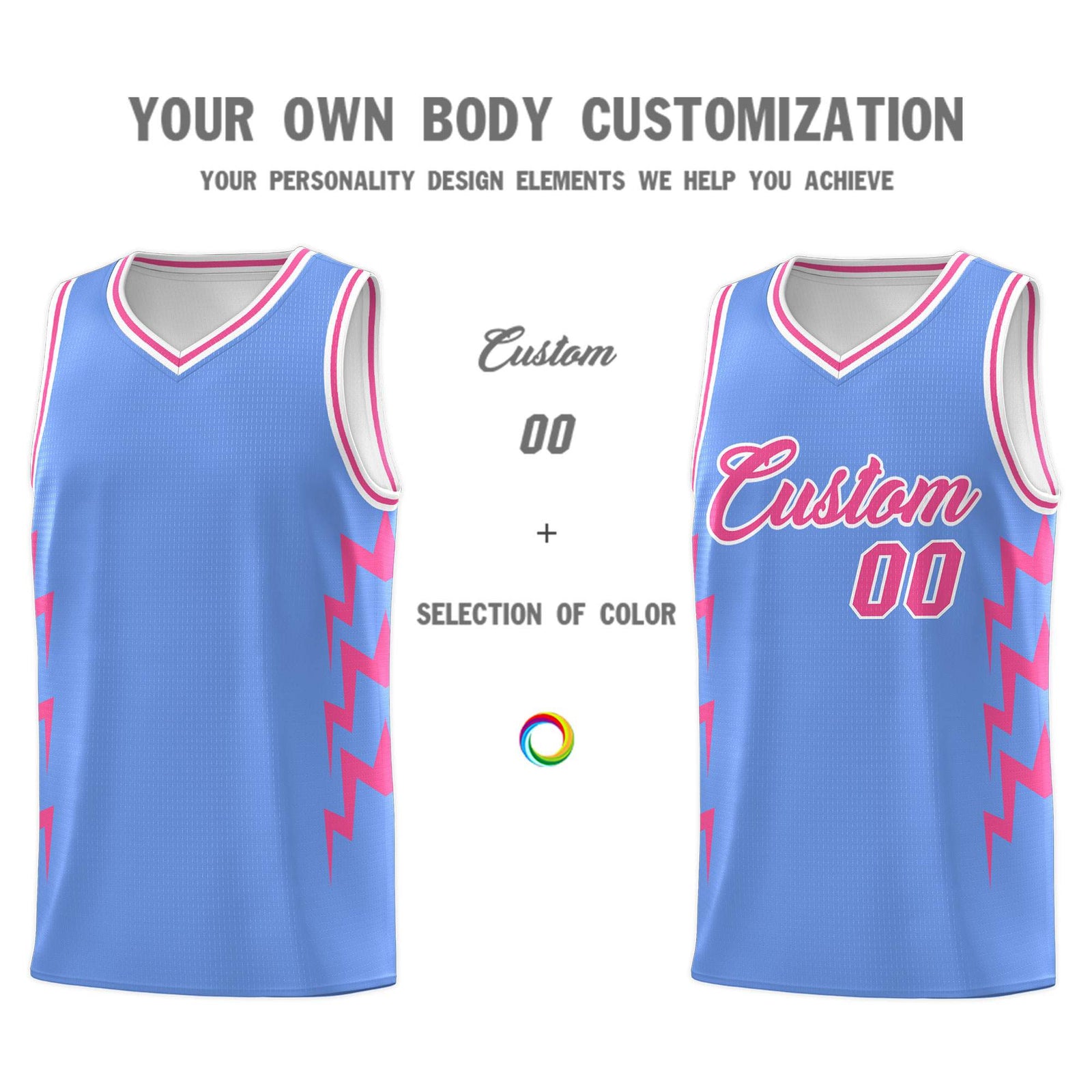 Custom Light Blue Side Lightning Pattern Sports Uniform Basketball Jersey
