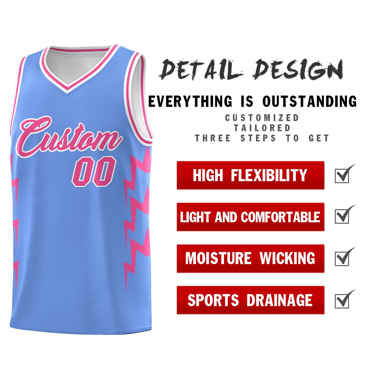 Custom Light Blue Side Lightning Pattern Sports Uniform Basketball Jersey