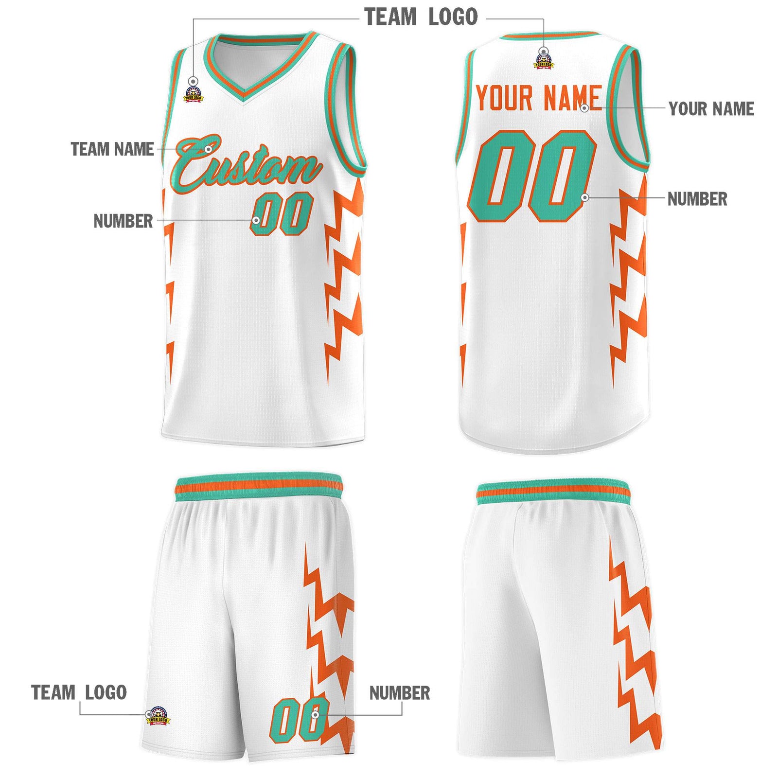 Custom White Side Lightning Pattern Sports Uniform Basketball Jersey