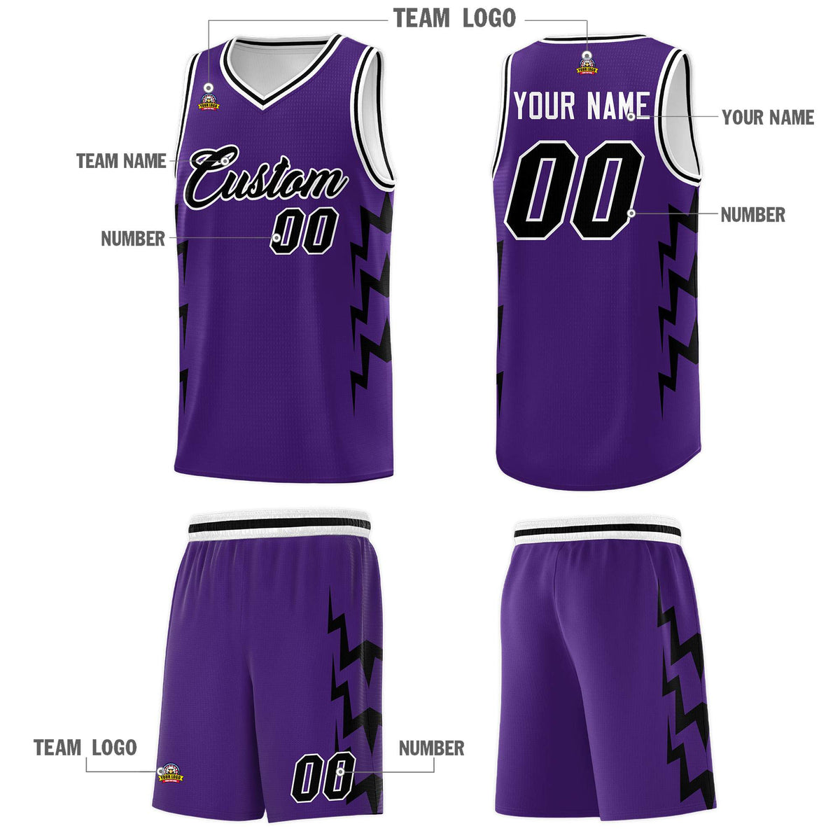 Custom Purple Side Lightning Pattern Sports Uniform Basketball Jersey