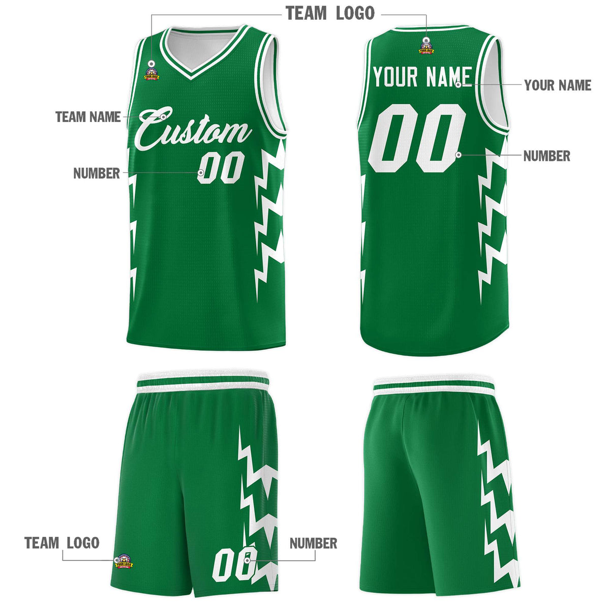Custom Kelly Green Side Lightning Pattern Sports Uniform Basketball Jersey