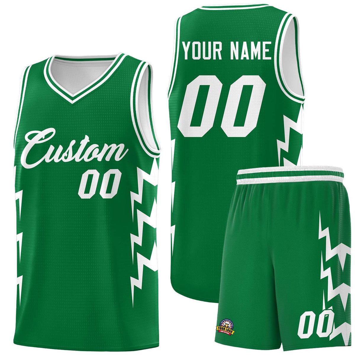 Custom Kelly Green Side Lightning Pattern Sports Uniform Basketball Jersey