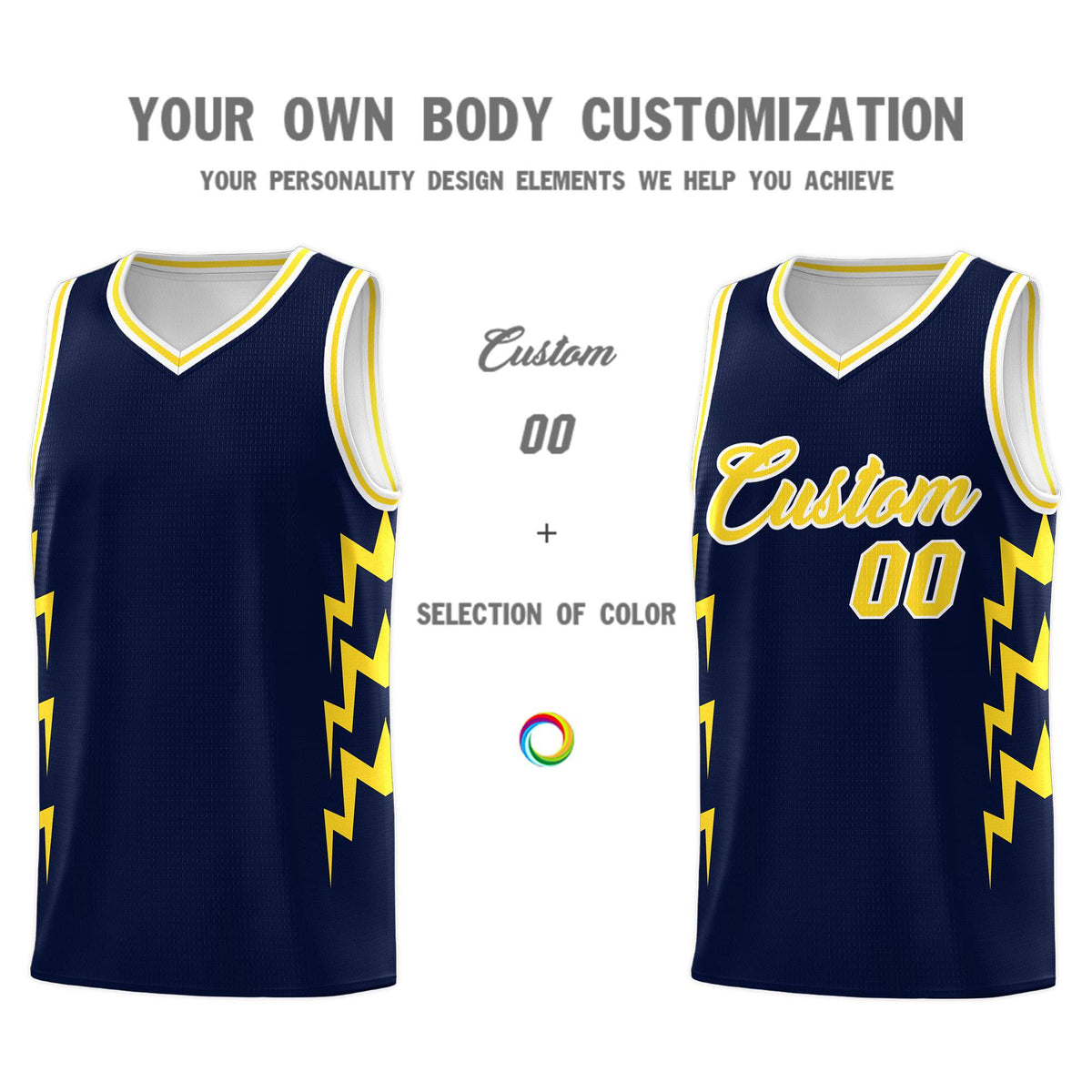 Custom Navy Side Lightning Pattern Sports Uniform Basketball Jersey