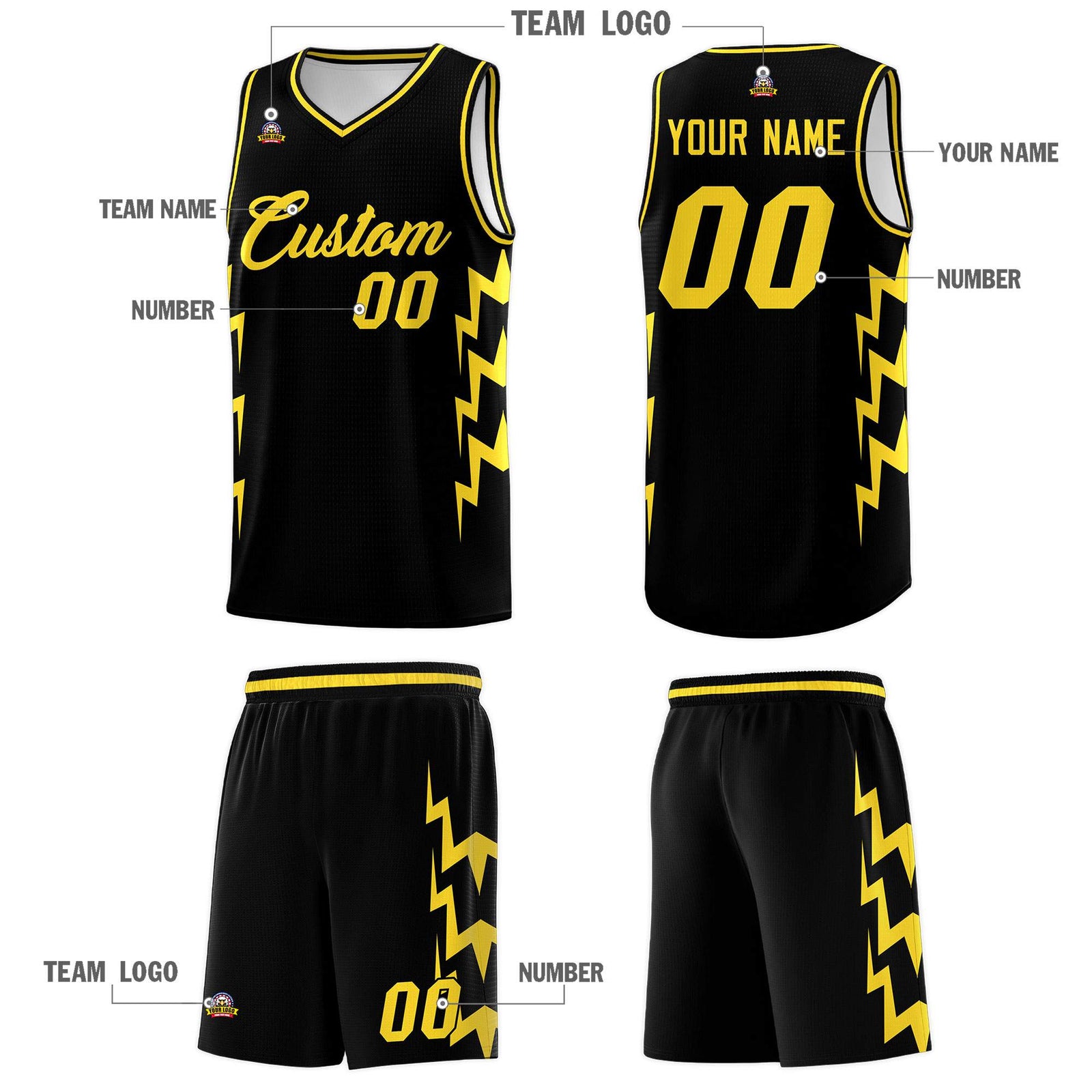 Custom Black Side Lightning Pattern Sports Uniform Basketball Jersey