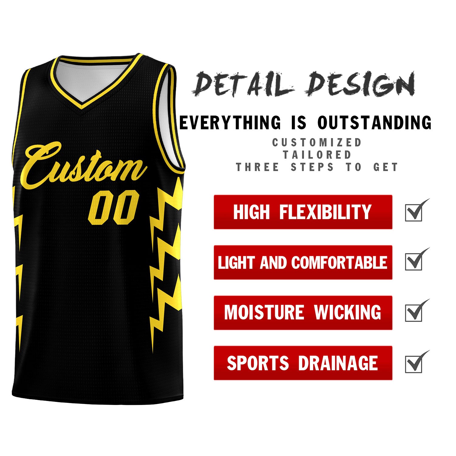 Custom Black Side Lightning Pattern Sports Uniform Basketball Jersey