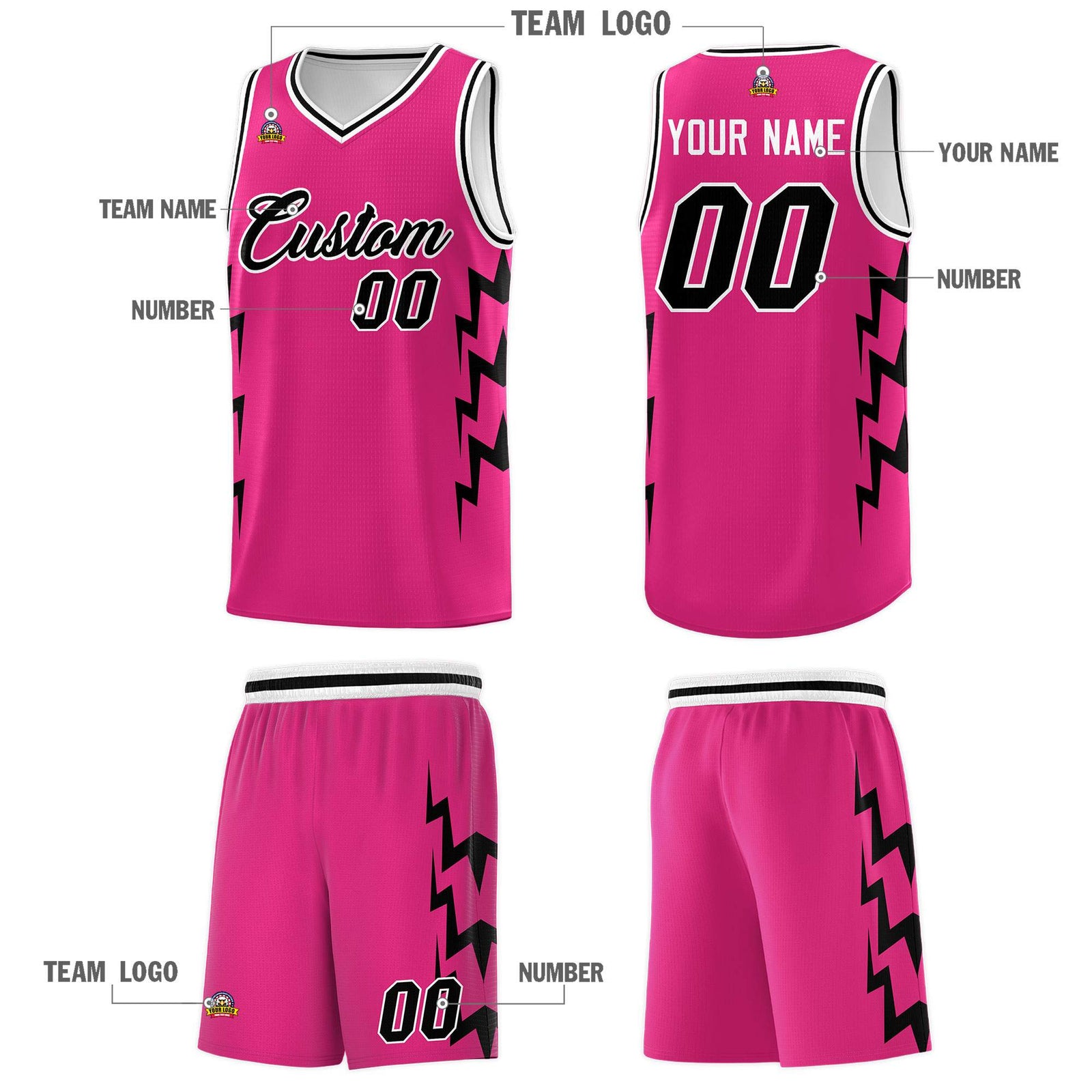 Custom Pink Side Lightning Pattern Sports Uniform Basketball Jersey