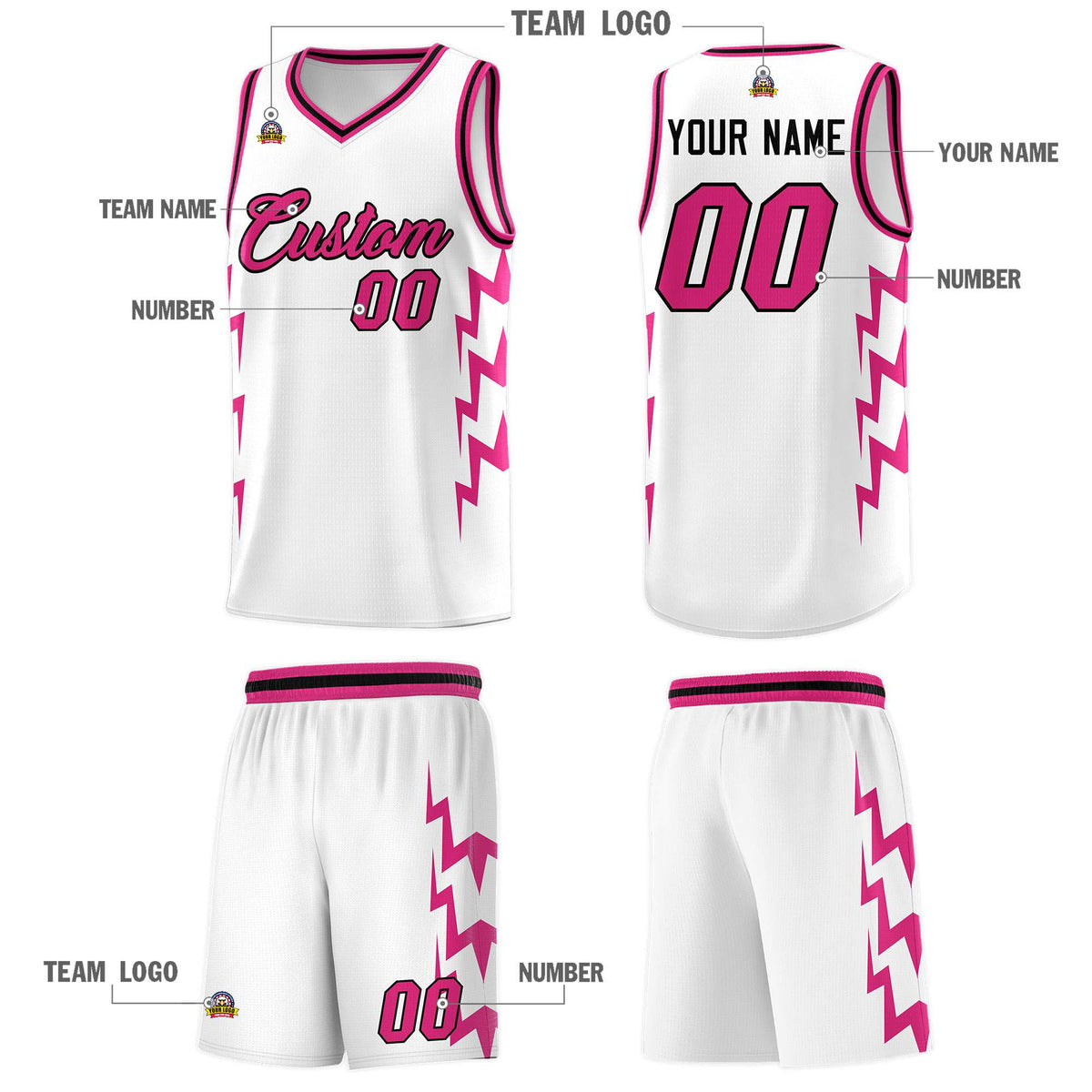 Custom White Side Lightning Pattern Sports Uniform Basketball Jersey
