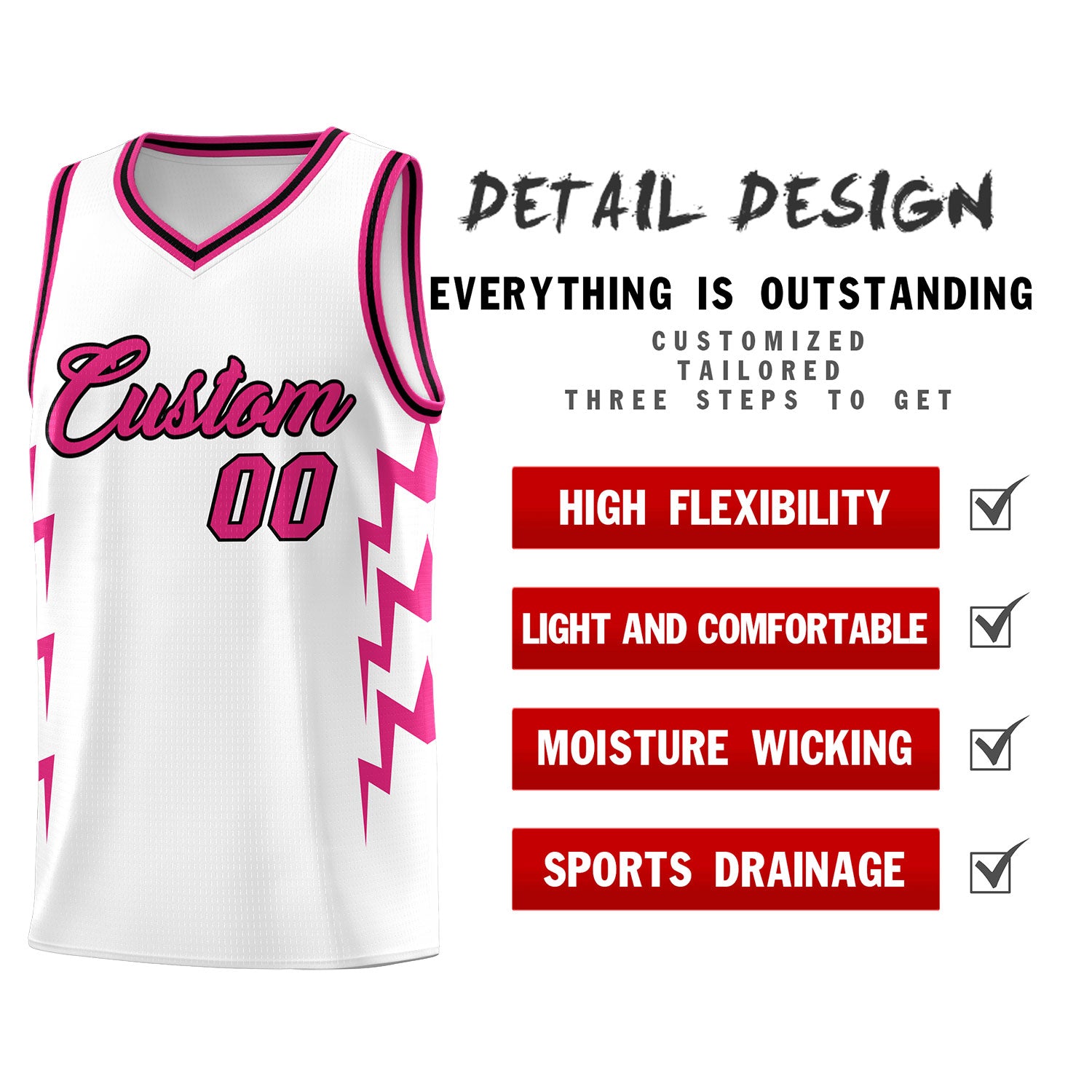 Custom White Side Lightning Pattern Sports Uniform Basketball Jersey