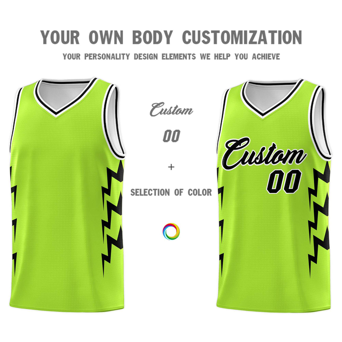 Custom Neon Green Side Lightning Pattern Sports Uniform Basketball Jersey