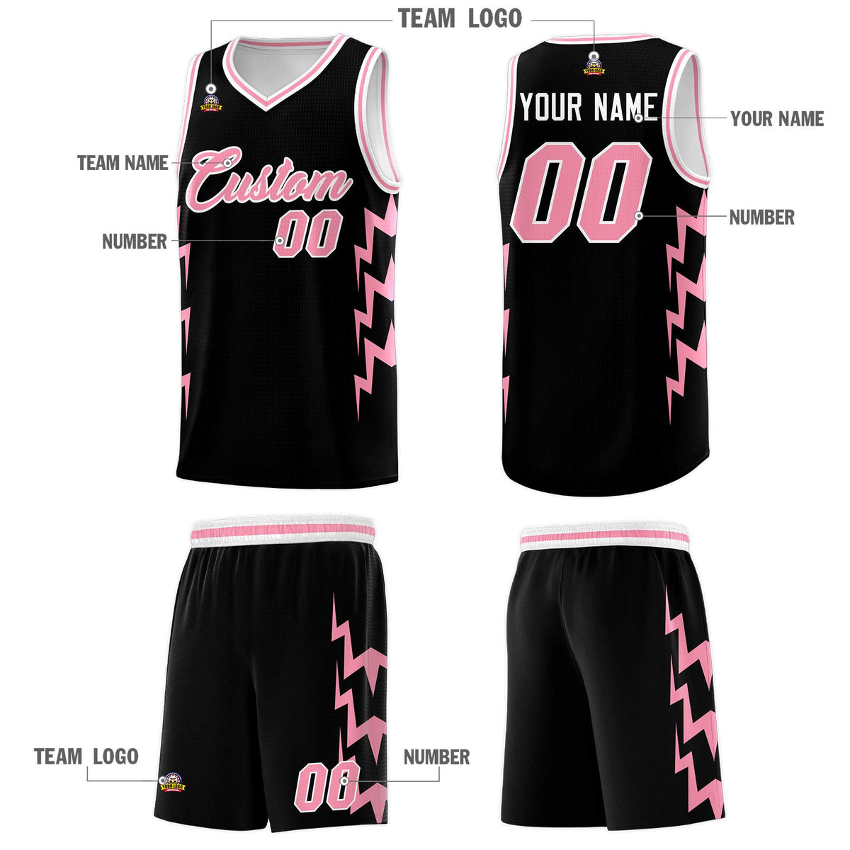 Custom Black Side Lightning Pattern Sports Uniform Basketball Jersey