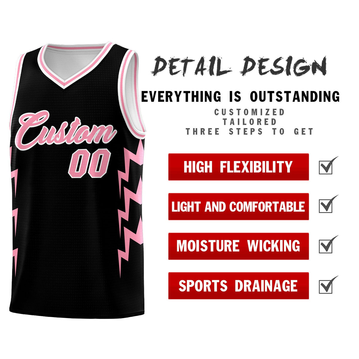 Custom Black Side Lightning Pattern Sports Uniform Basketball Jersey