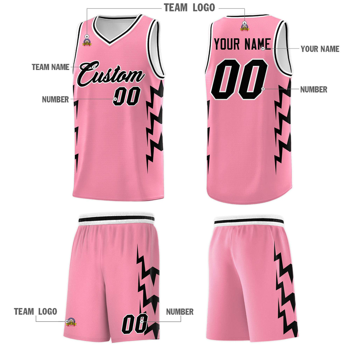 Custom Light Pink Side Lightning Pattern Sports Uniform Basketball Jersey