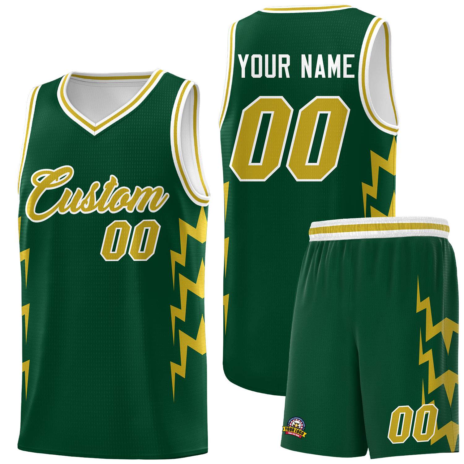 Custom Hunter Green Side Lightning Pattern Sports Uniform Basketball Jersey