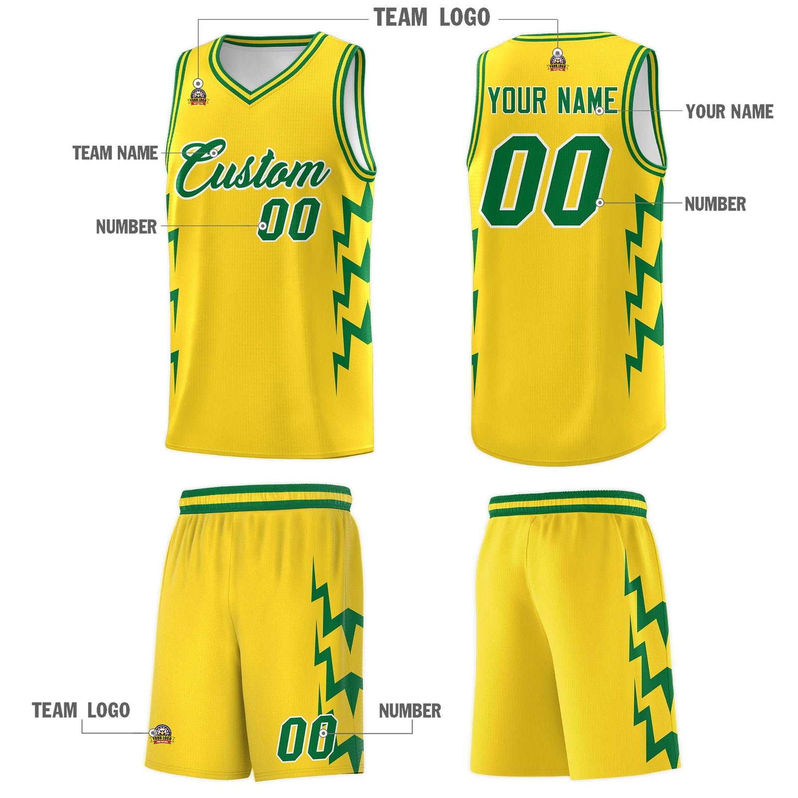 Custom Gold Side Lightning Pattern Sports Uniform Basketball Jersey