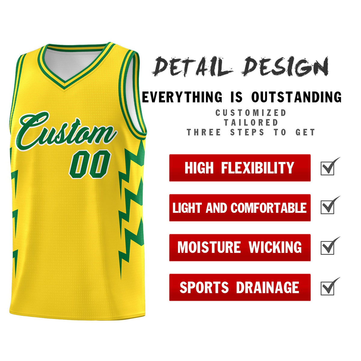 Custom Gold Side Lightning Pattern Sports Uniform Basketball Jersey
