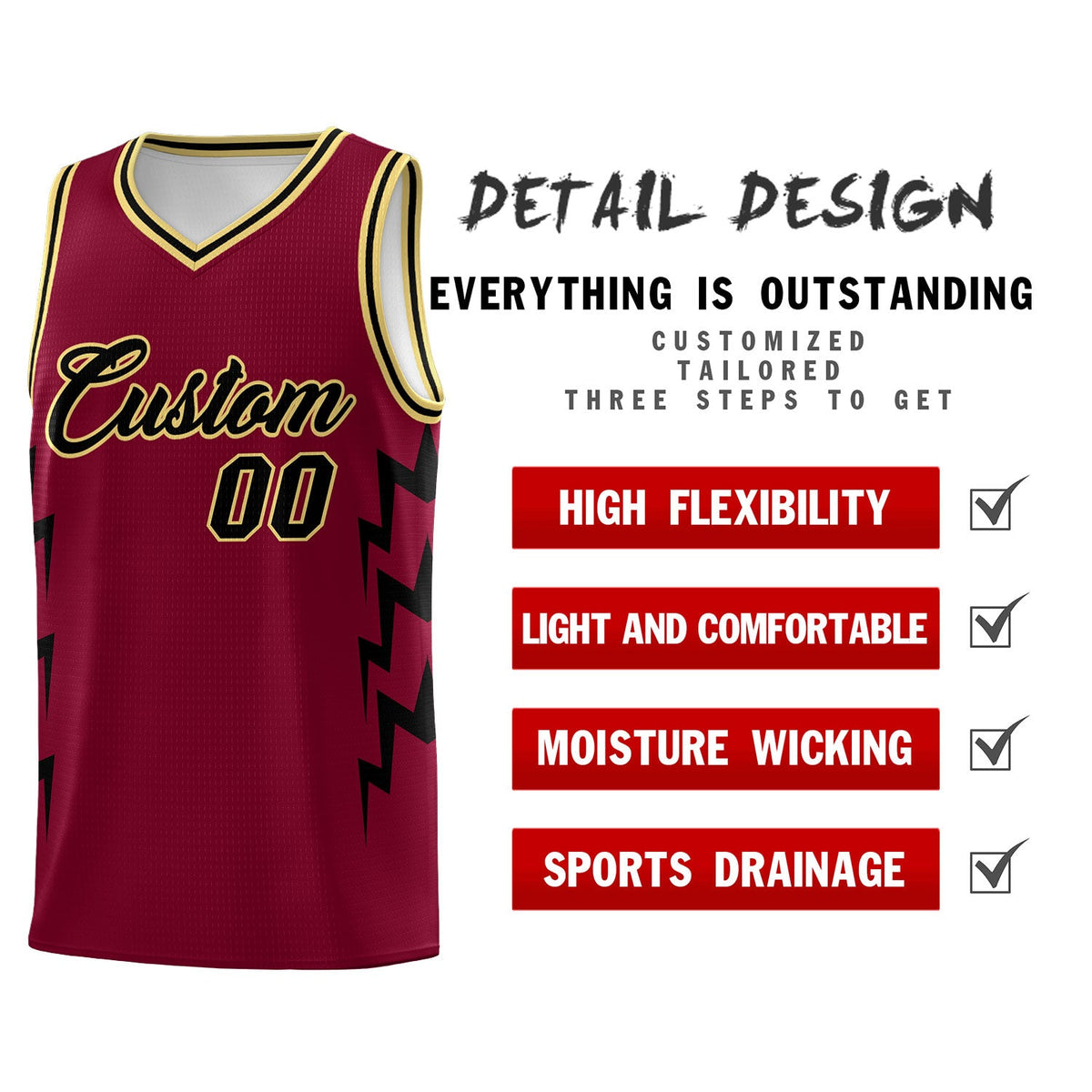 Custom Crimson Side Lightning Pattern Sports Uniform Basketball Jersey