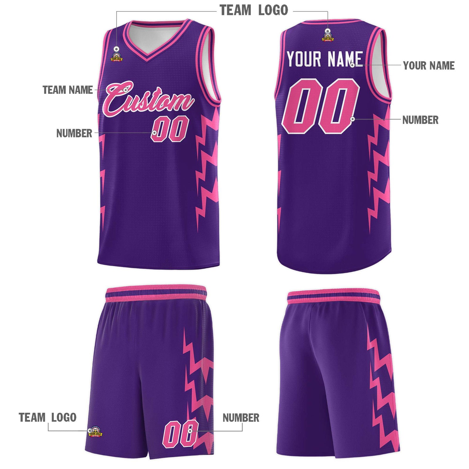 Custom Purple Side Lightning Pattern Sports Uniform Basketball Jersey