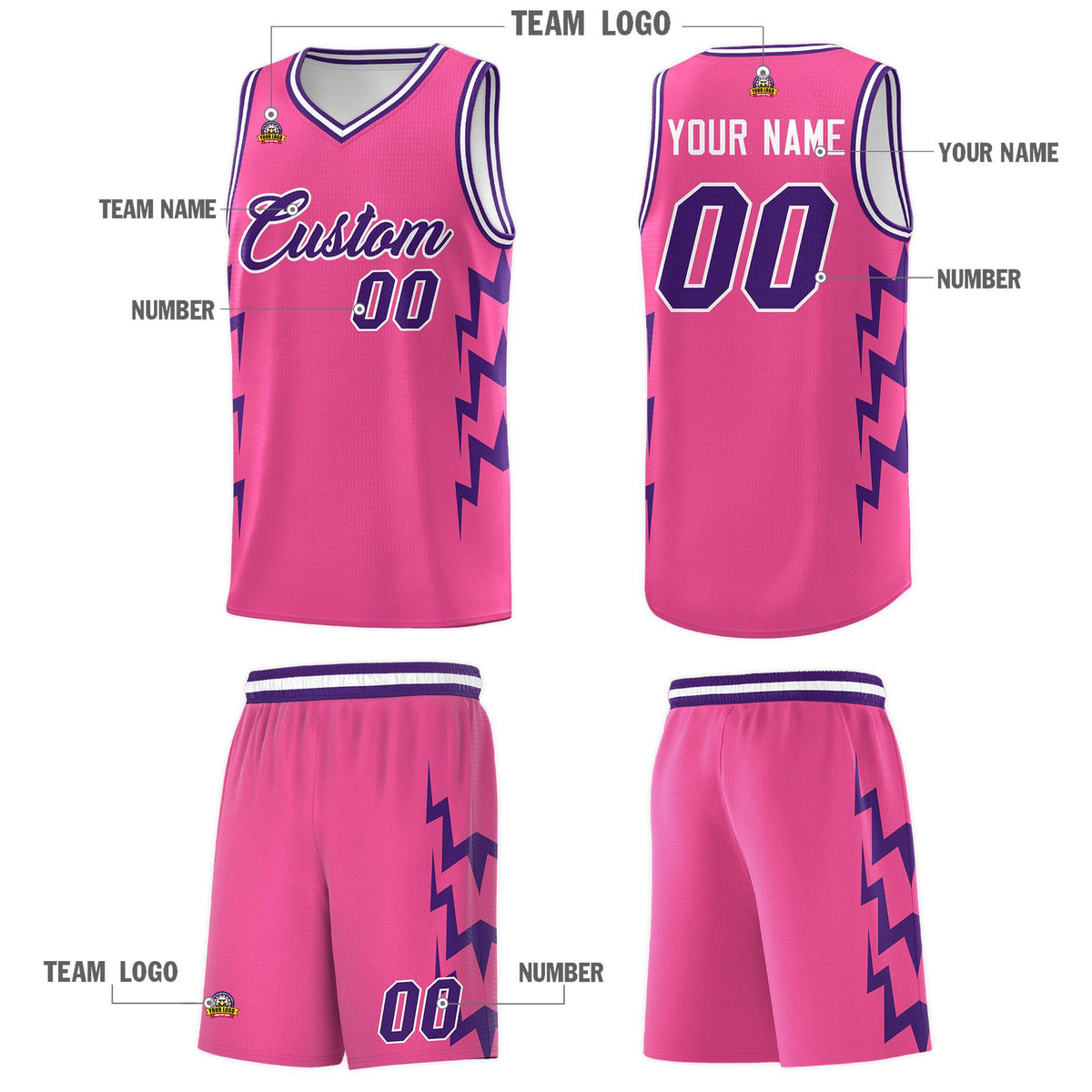 Custom Pink Side Lightning Pattern Sports Uniform Basketball Jersey