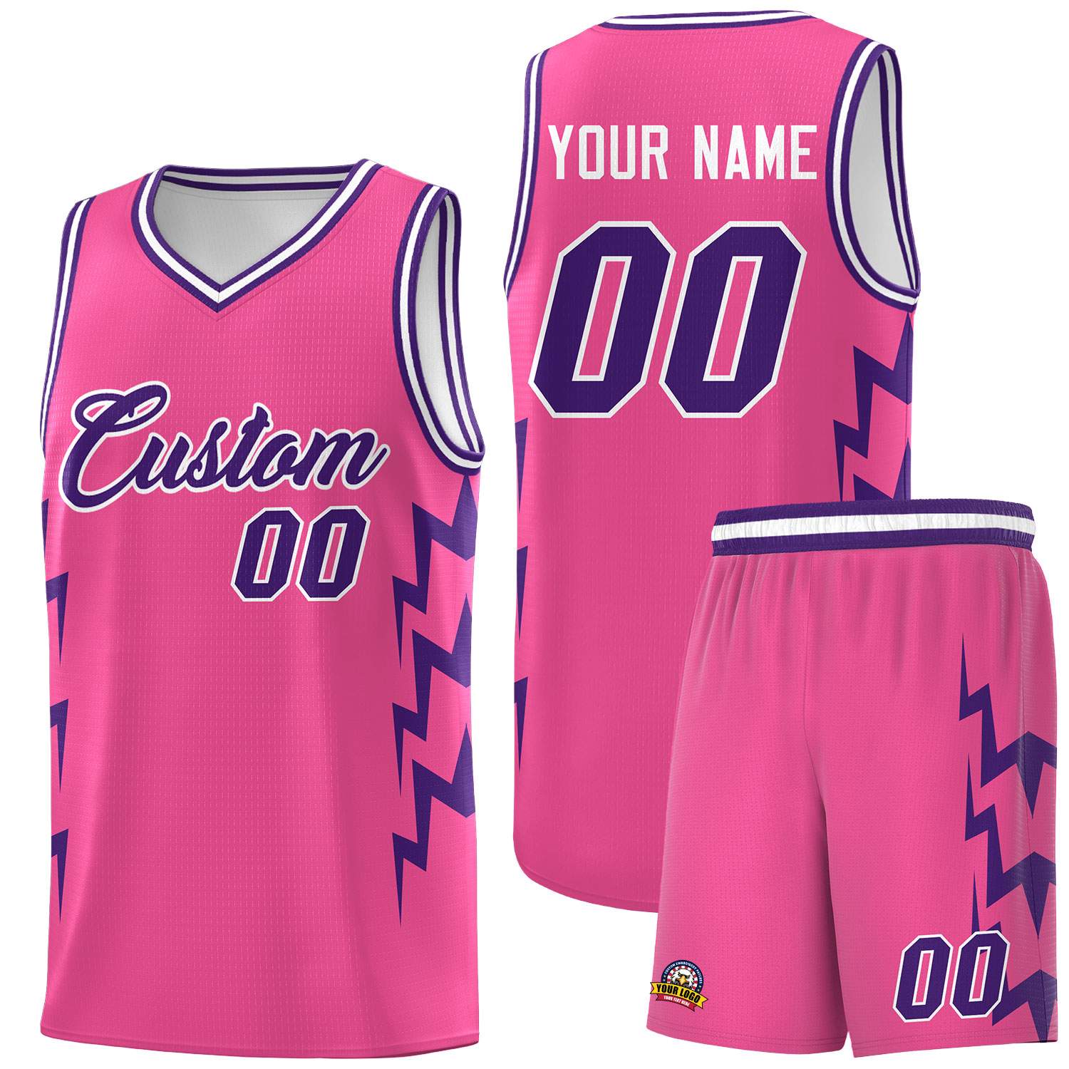 Custom Pink Side Lightning Pattern Sports Uniform Basketball Jersey