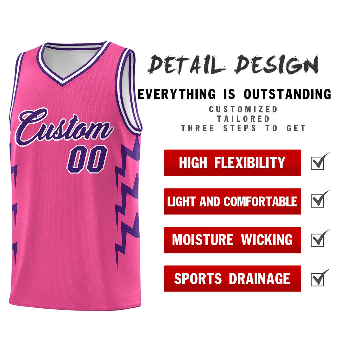 Custom Pink Side Lightning Pattern Sports Uniform Basketball Jersey
