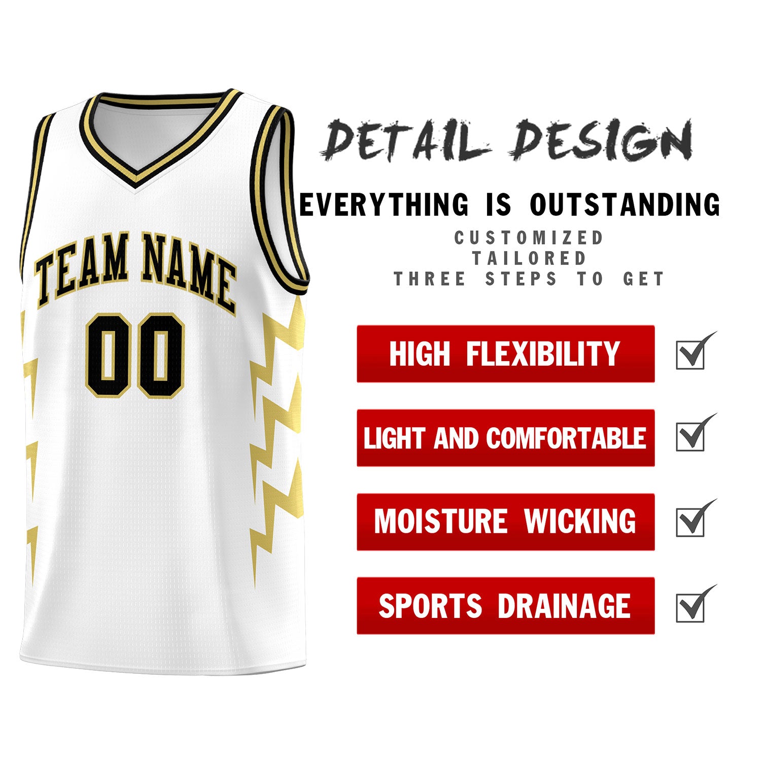 Custom White Side Lightning Pattern Sports Uniform Basketball Jersey