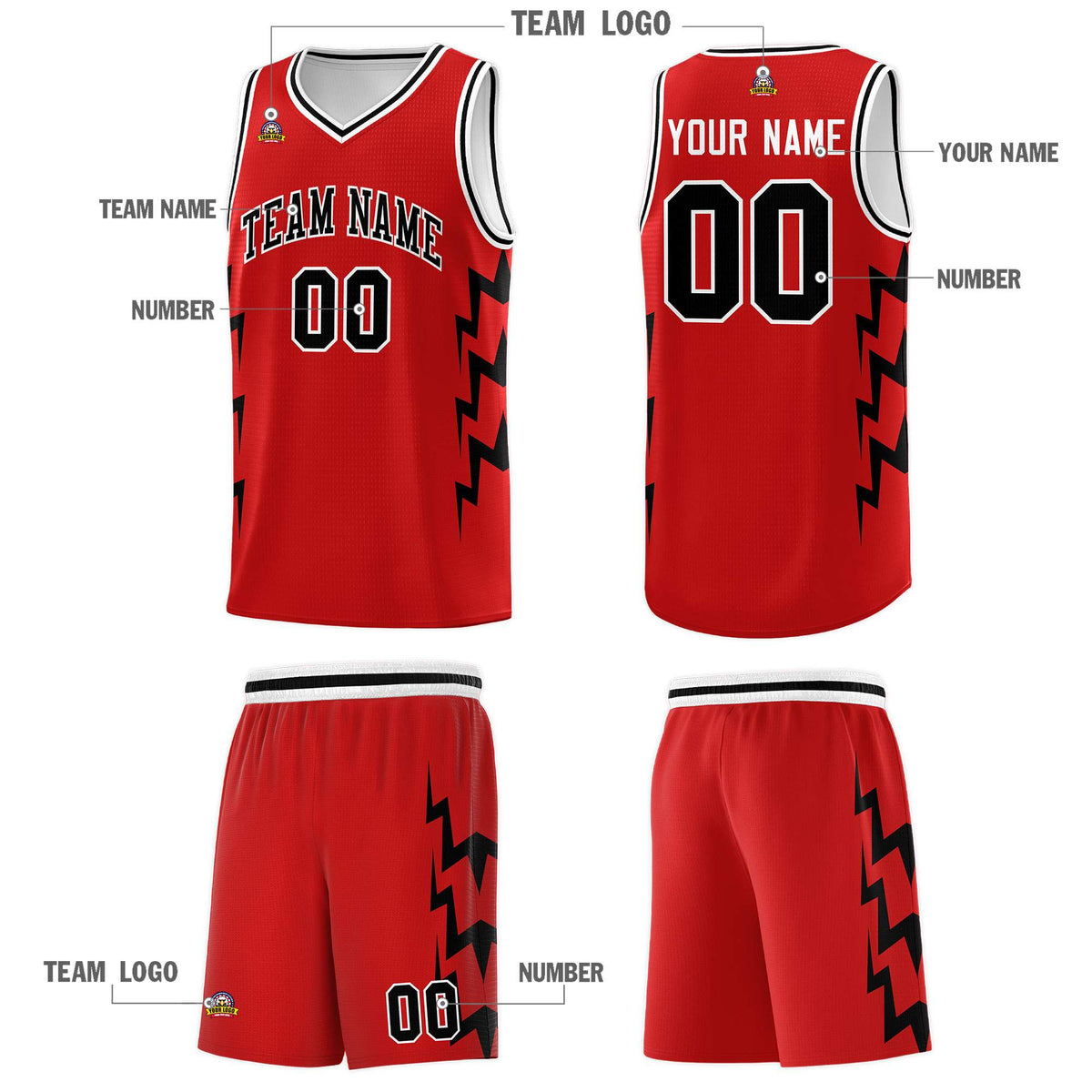 Custom Red Side Lightning Pattern Sports Uniform Basketball Jersey
