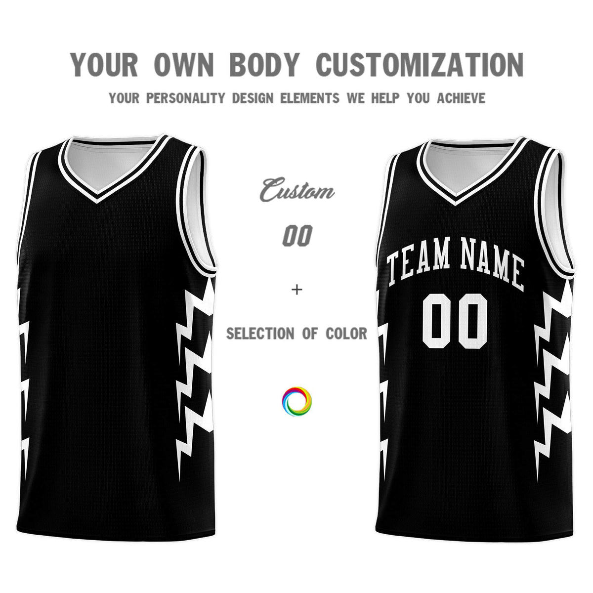 Custom Black Side Lightning Pattern Sports Uniform Basketball Jersey