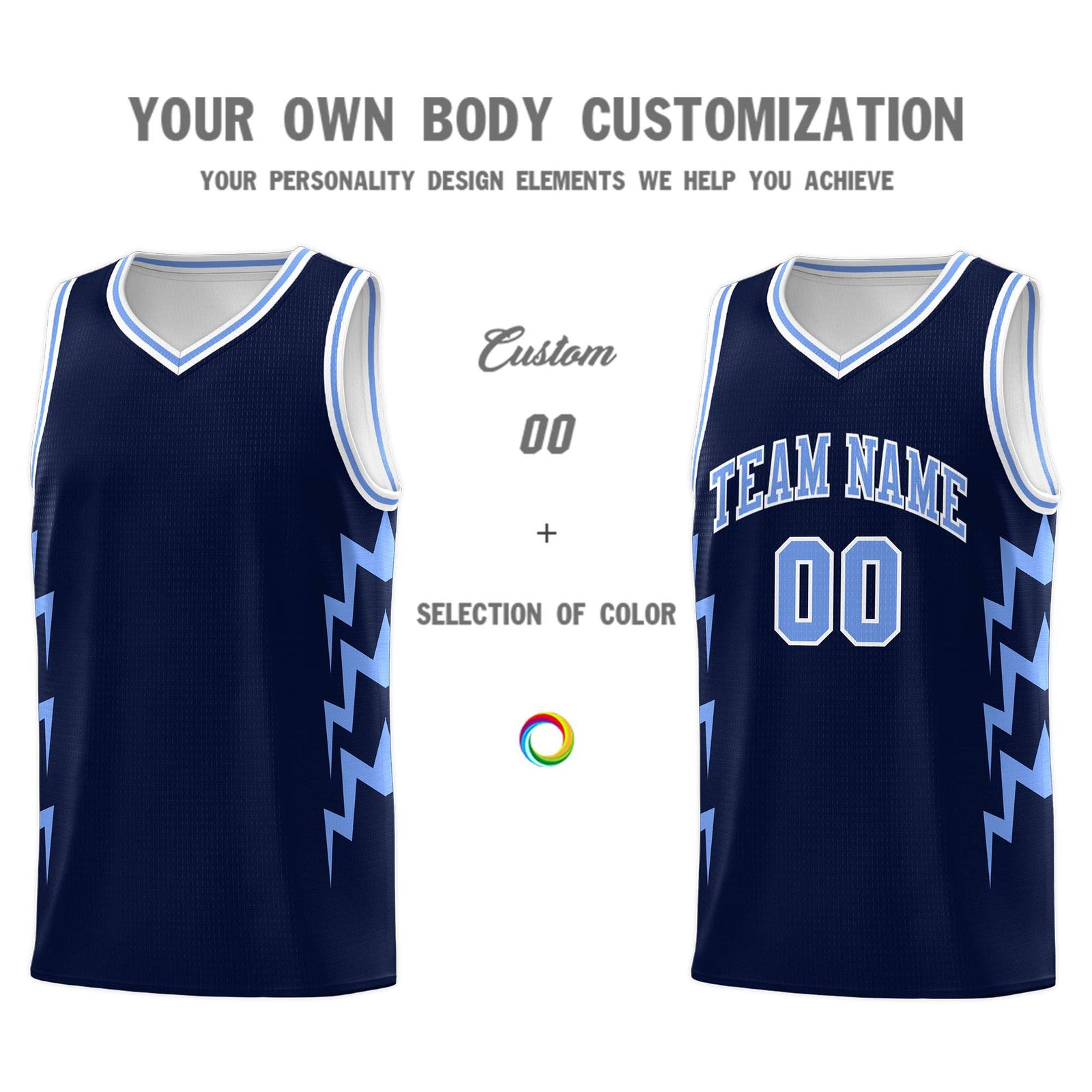 Custom Navy Side Lightning Pattern Sports Uniform Basketball Jersey