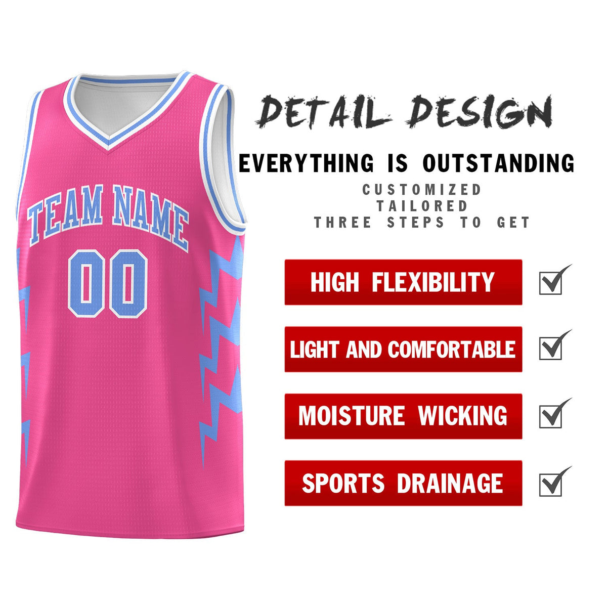 Custom Pink Side Lightning Pattern Sports Uniform Basketball Jersey