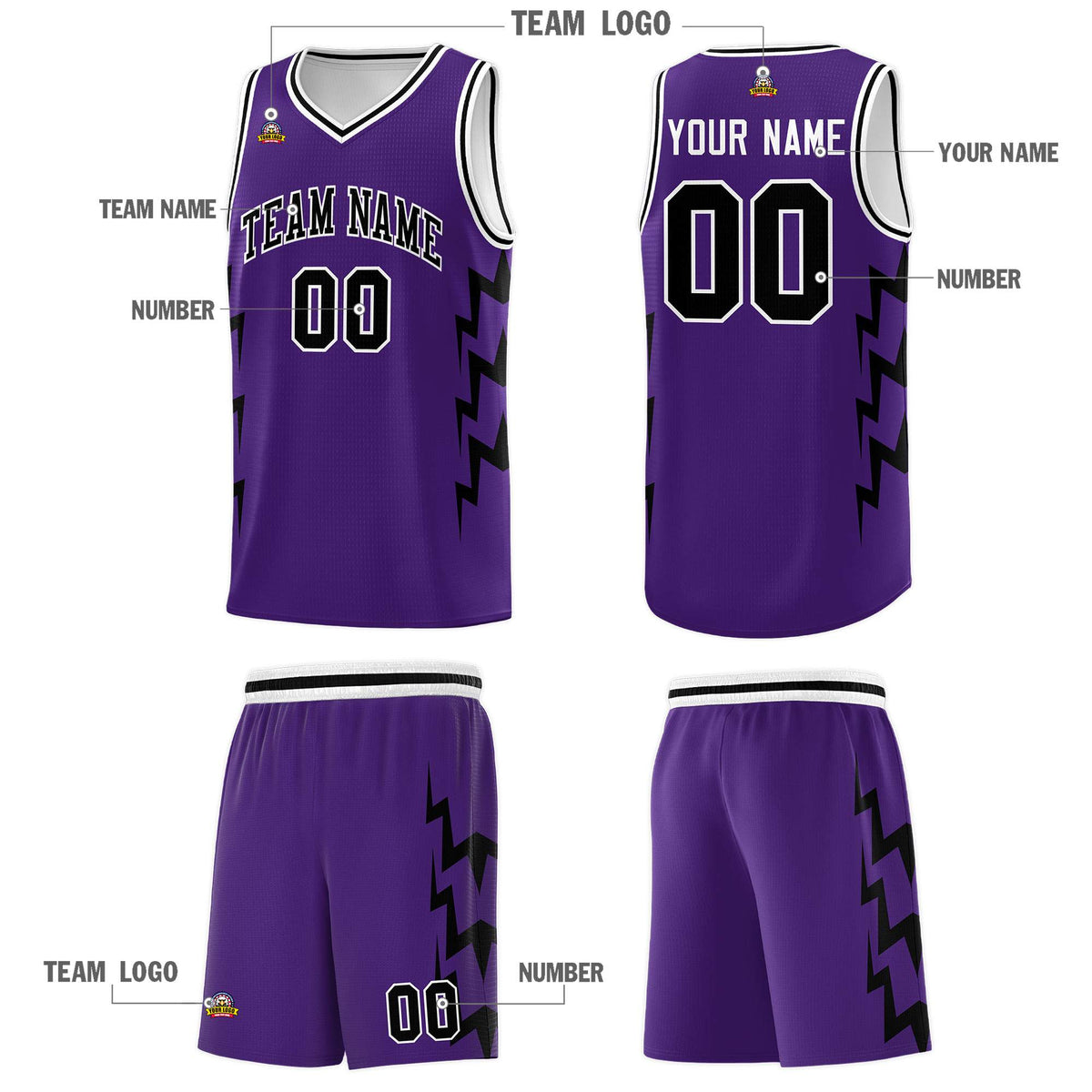 Custom Purple Side Lightning Pattern Sports Uniform Basketball Jersey