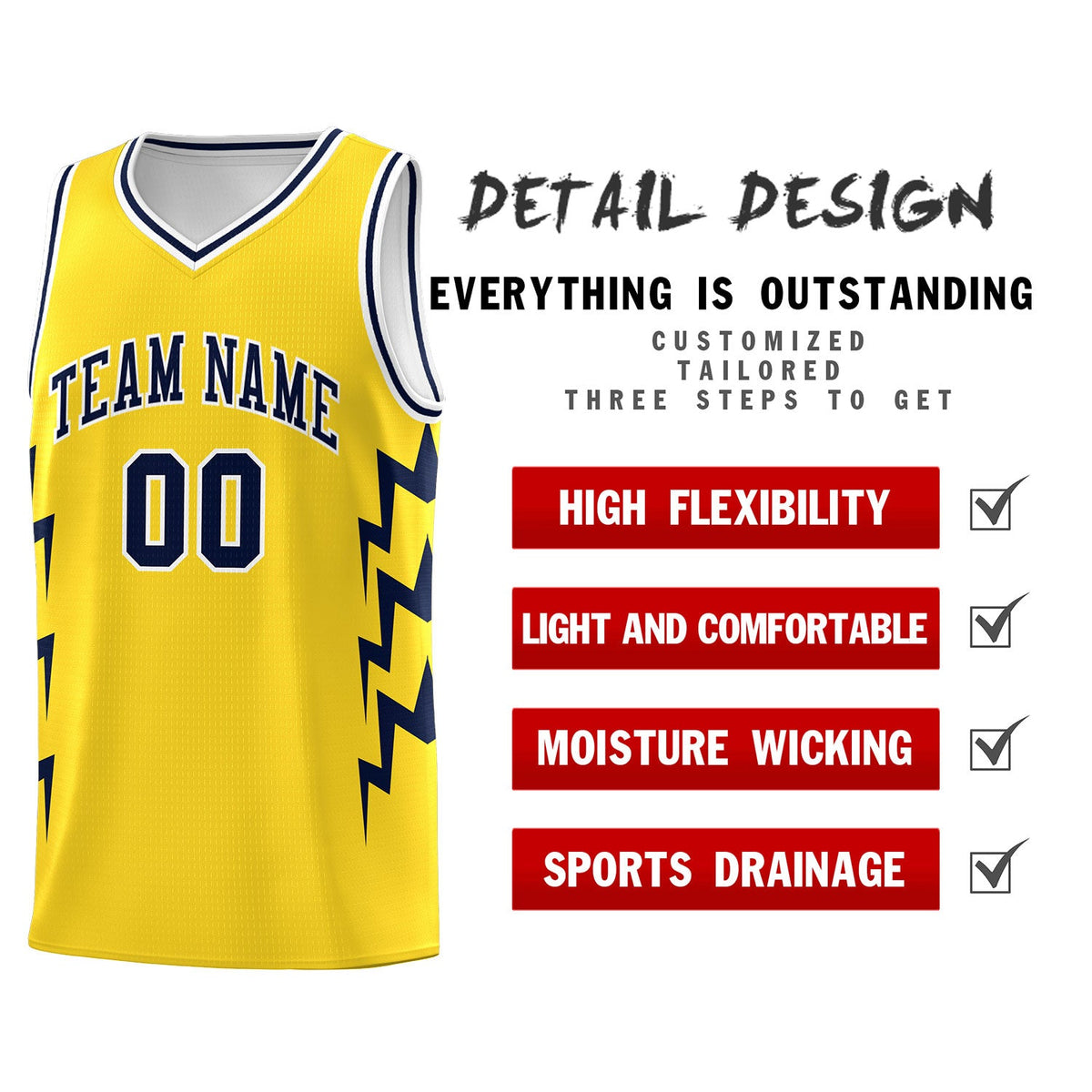 Custom Gold Side Lightning Pattern Sports Uniform Basketball Jersey