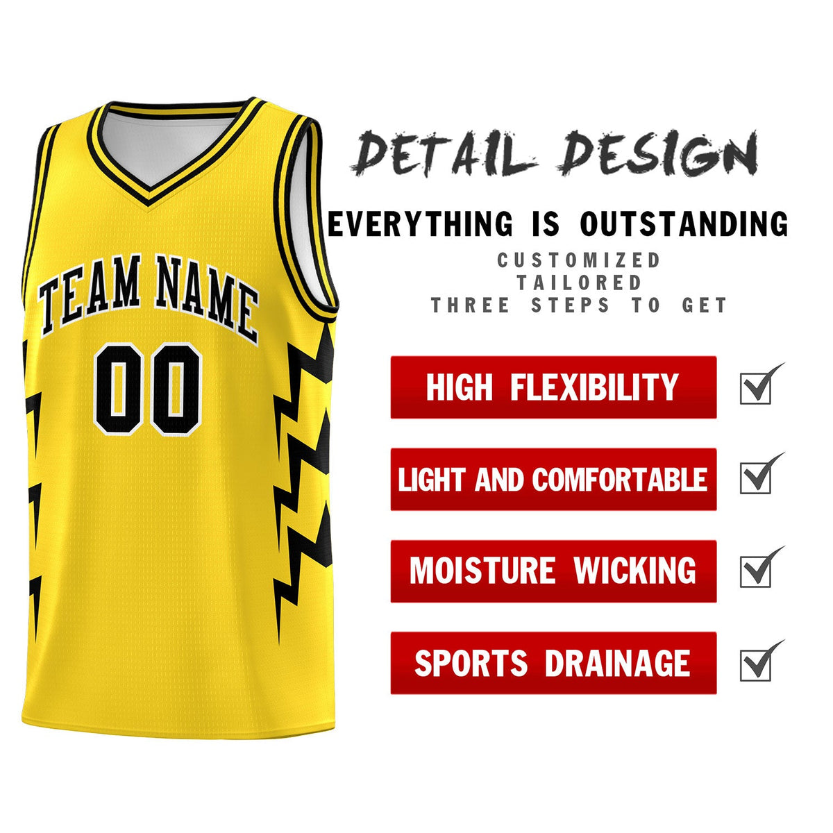 Custom Gold Side Lightning Pattern Sports Uniform Basketball Jersey