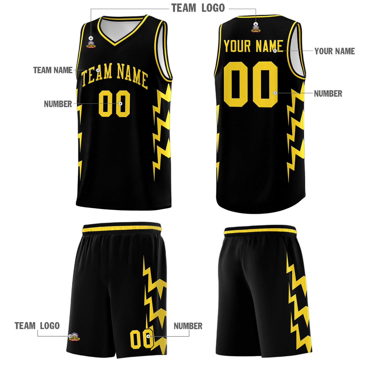 Custom Black Side Lightning Pattern Sports Uniform Basketball Jersey