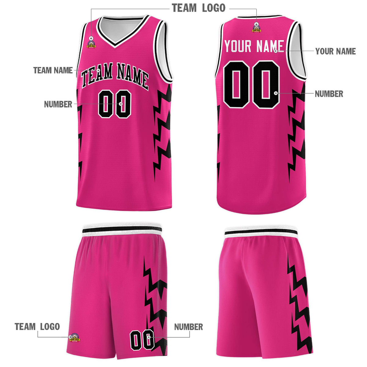 Custom Pink Side Lightning Pattern Sports Uniform Basketball Jersey