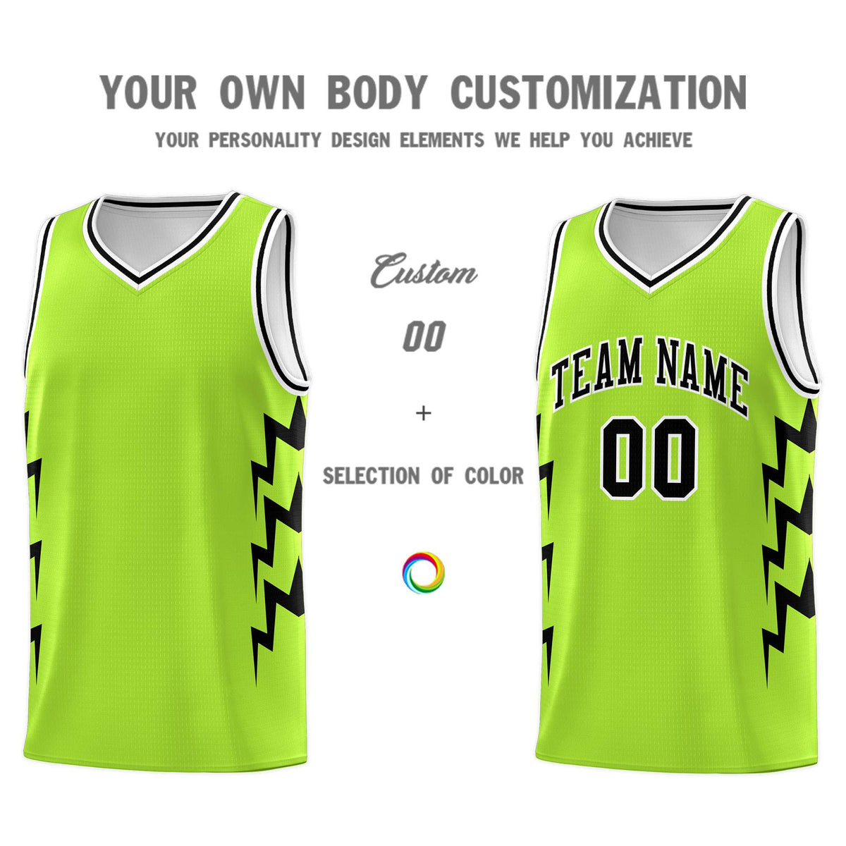 Custom Neon Green Side Lightning Pattern Sports Uniform Basketball Jersey