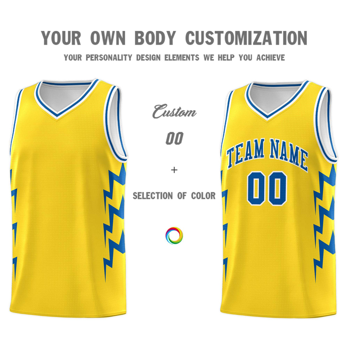 Custom Gold Side Lightning Pattern Sports Uniform Basketball Jersey