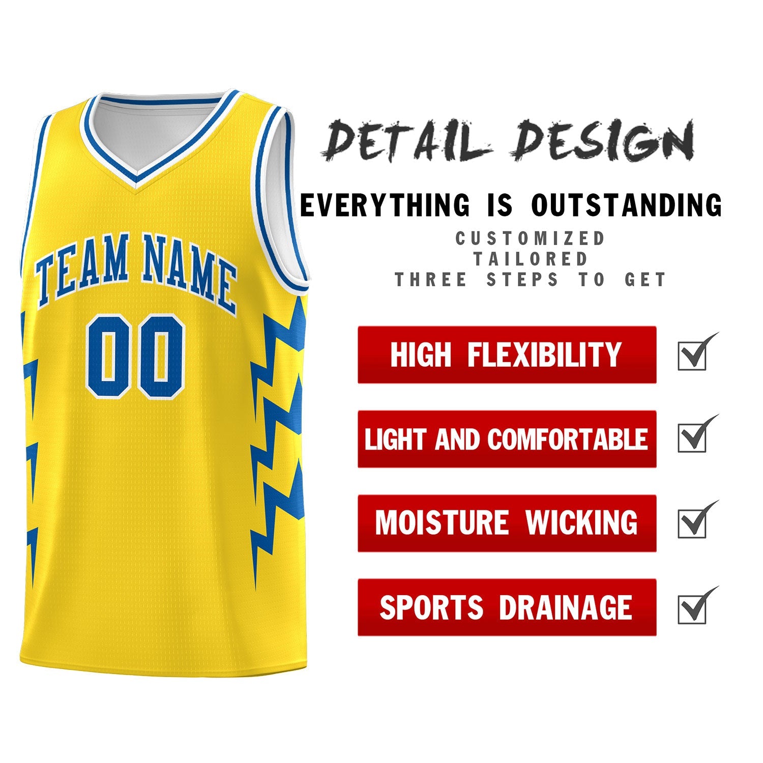 Custom Gold Side Lightning Pattern Sports Uniform Basketball Jersey