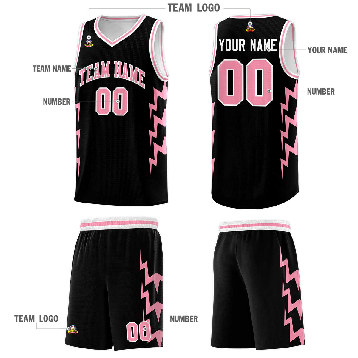 Custom Black Side Lightning Pattern Sports Uniform Basketball Jersey