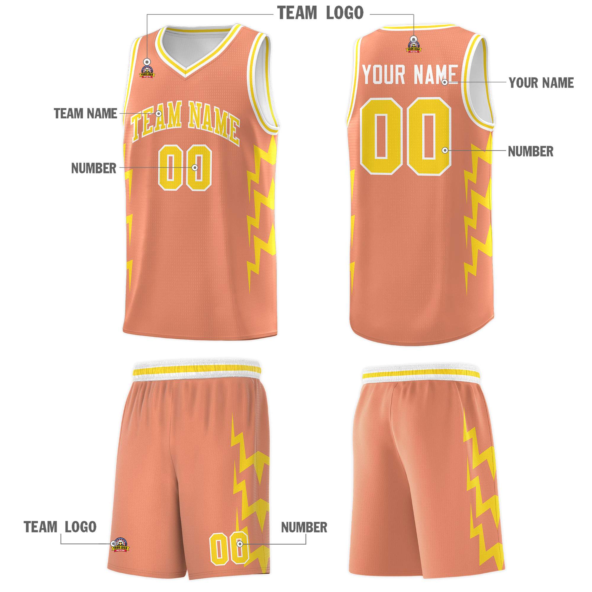 Custom Orange Side Lightning Pattern Sports Uniform Basketball Jersey