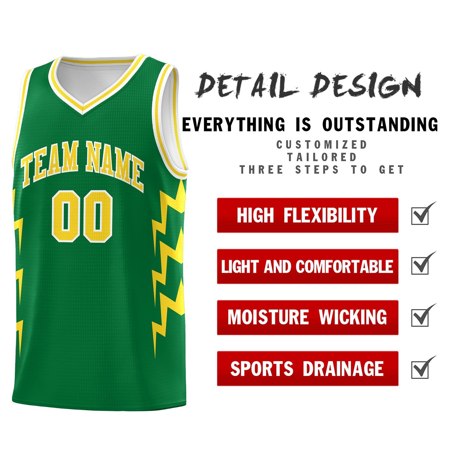Custom Kelly Green Side Lightning Pattern Sports Uniform Basketball Jersey
