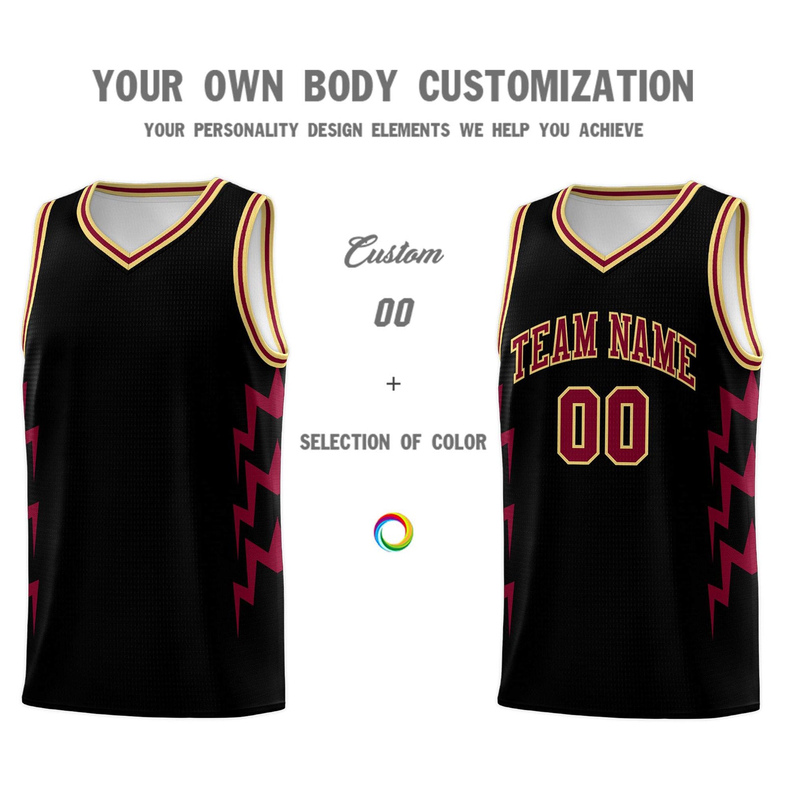 Custom Black Side Lightning Pattern Sports Uniform Basketball Jersey