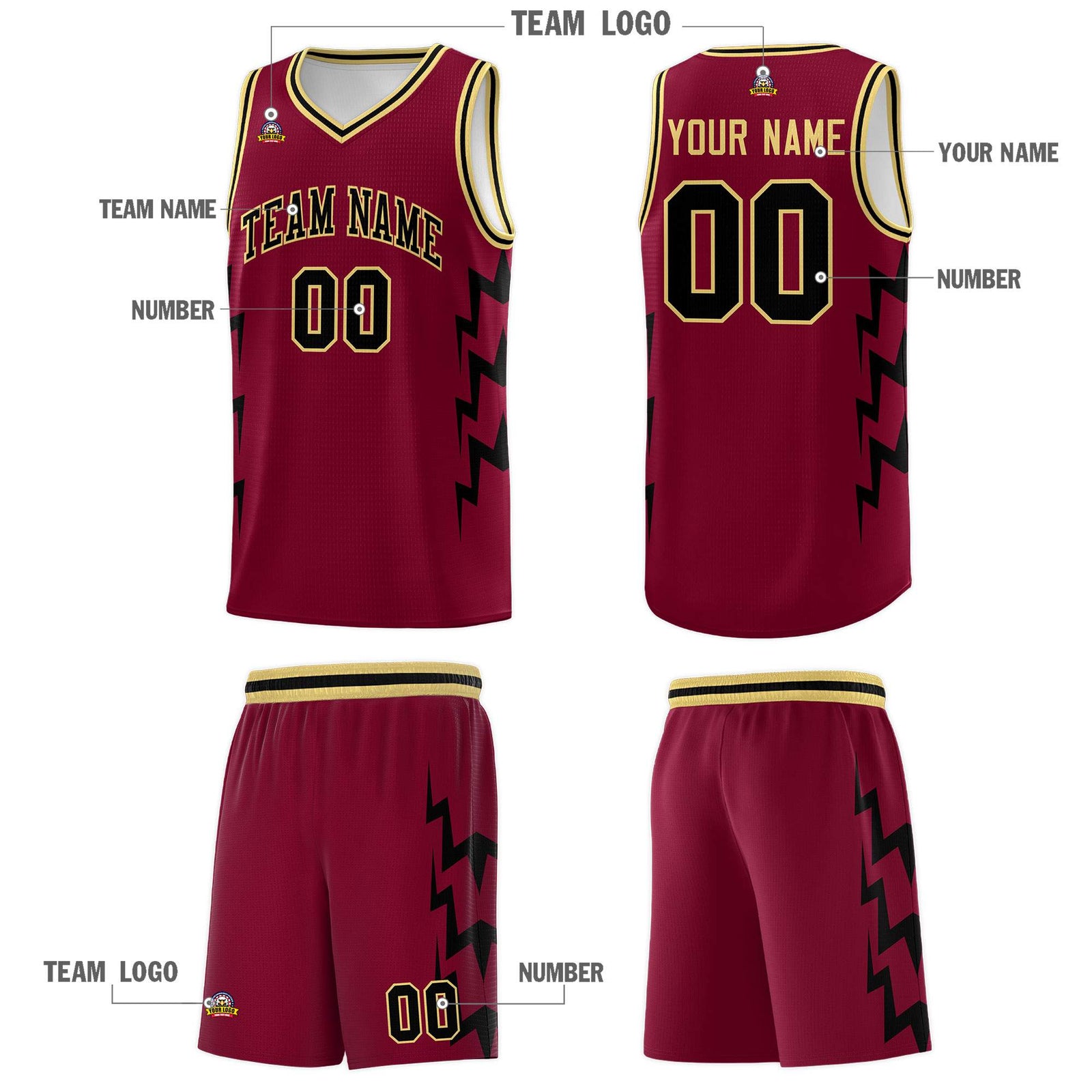 Custom Crimson Side Lightning Pattern Sports Uniform Basketball Jersey