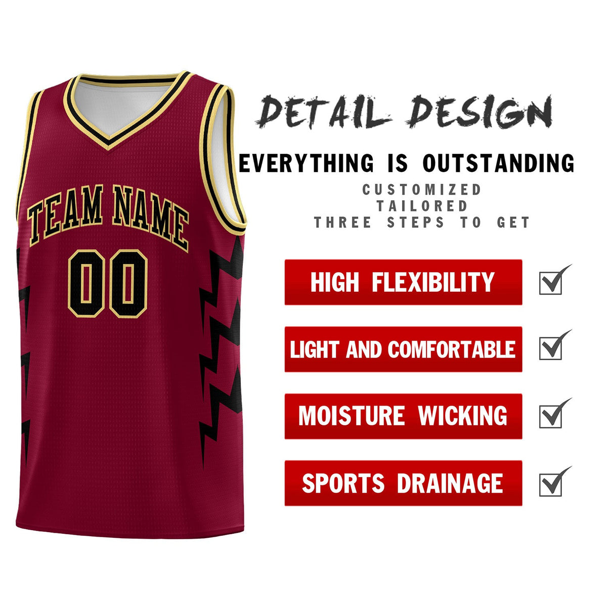 Custom Crimson Side Lightning Pattern Sports Uniform Basketball Jersey