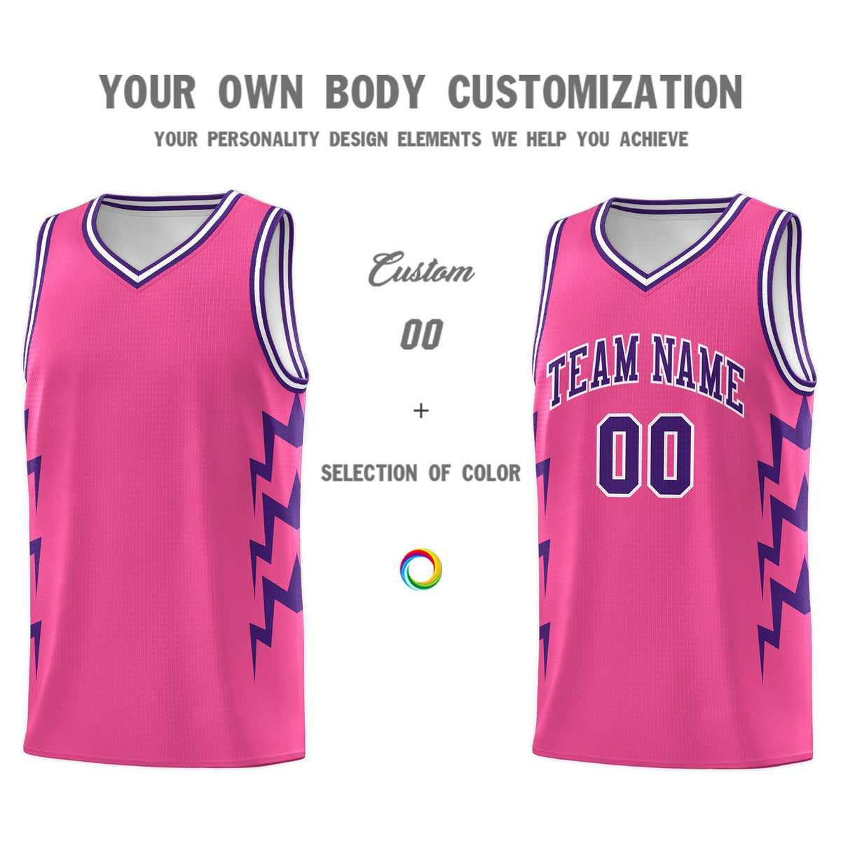 Custom Pink Side Lightning Pattern Sports Uniform Basketball Jersey