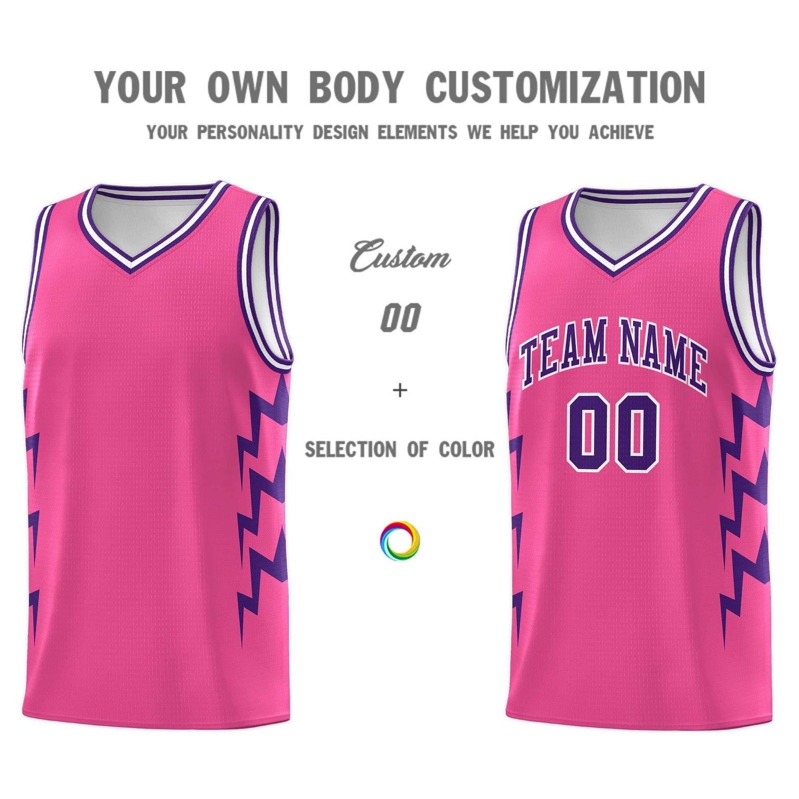 Custom Pink Side Lightning Pattern Sports Uniform Basketball Jersey