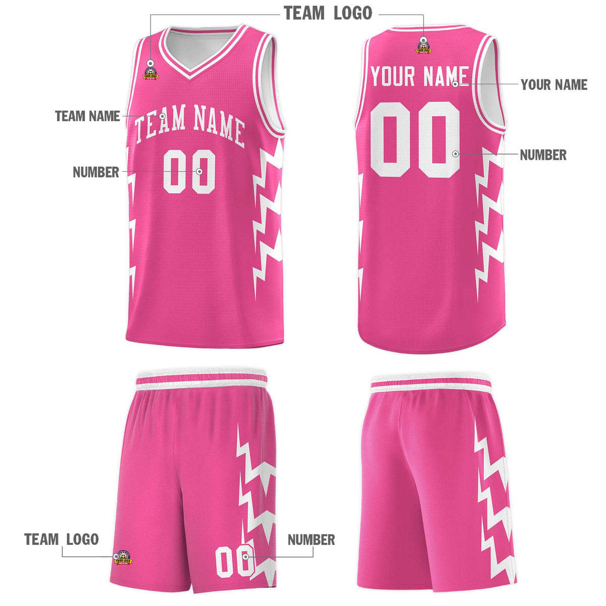 Custom Pink Side Lightning Pattern Sports Uniform Basketball Jersey