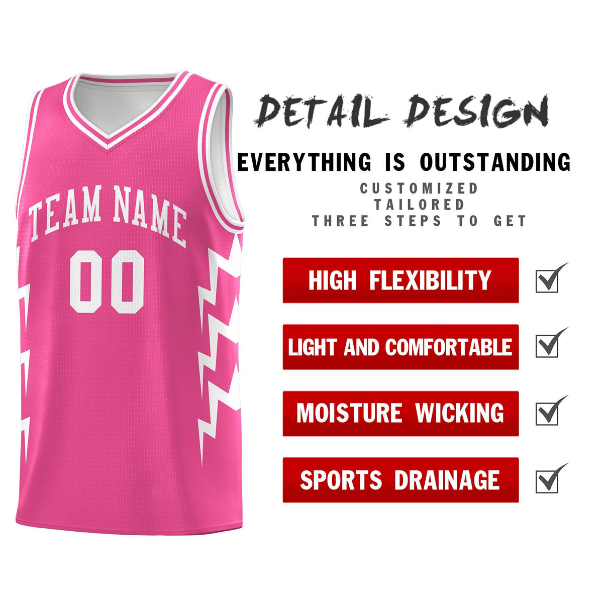 Custom Pink Side Lightning Pattern Sports Uniform Basketball Jersey