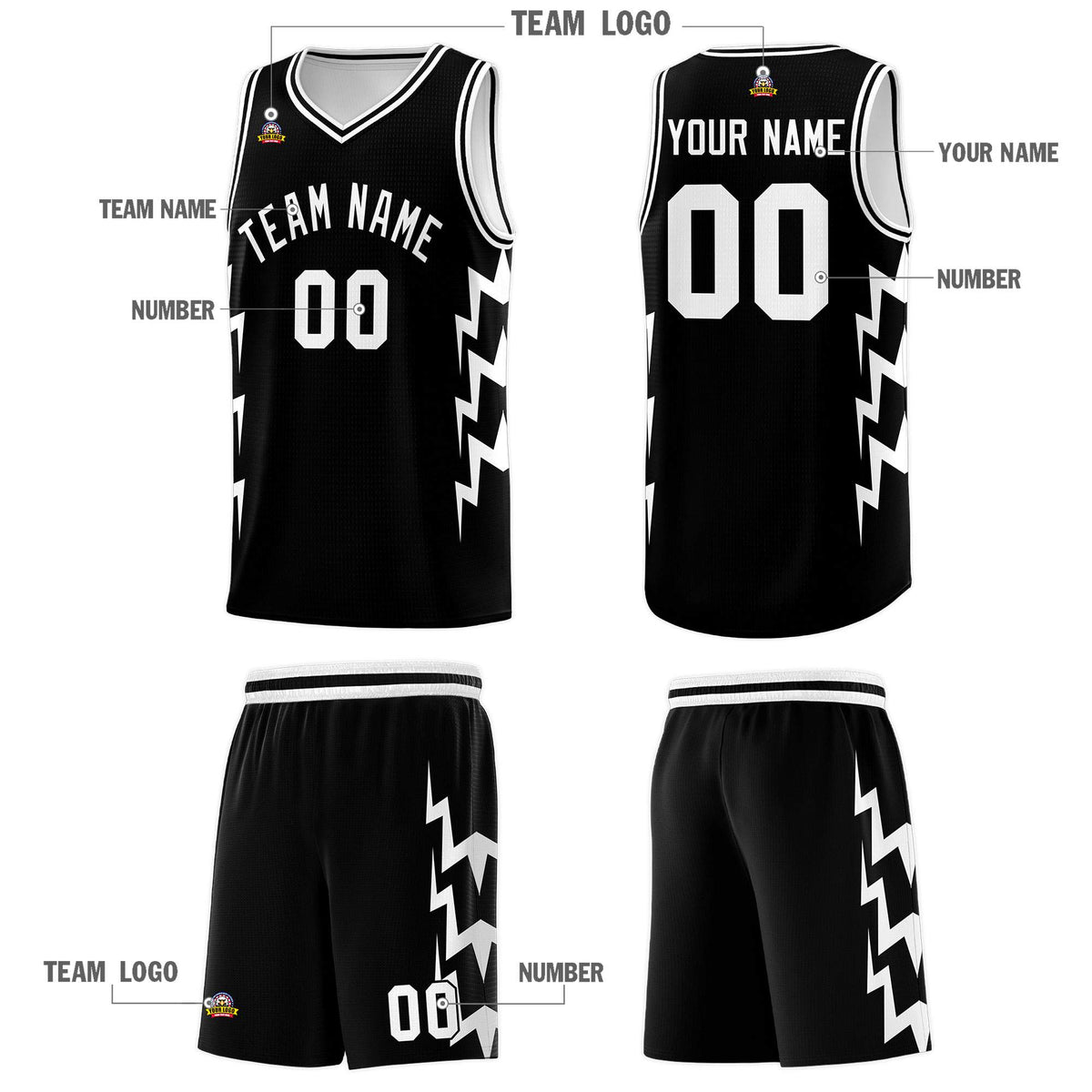 Custom Black Side Lightning Pattern Sports Uniform Basketball Jersey