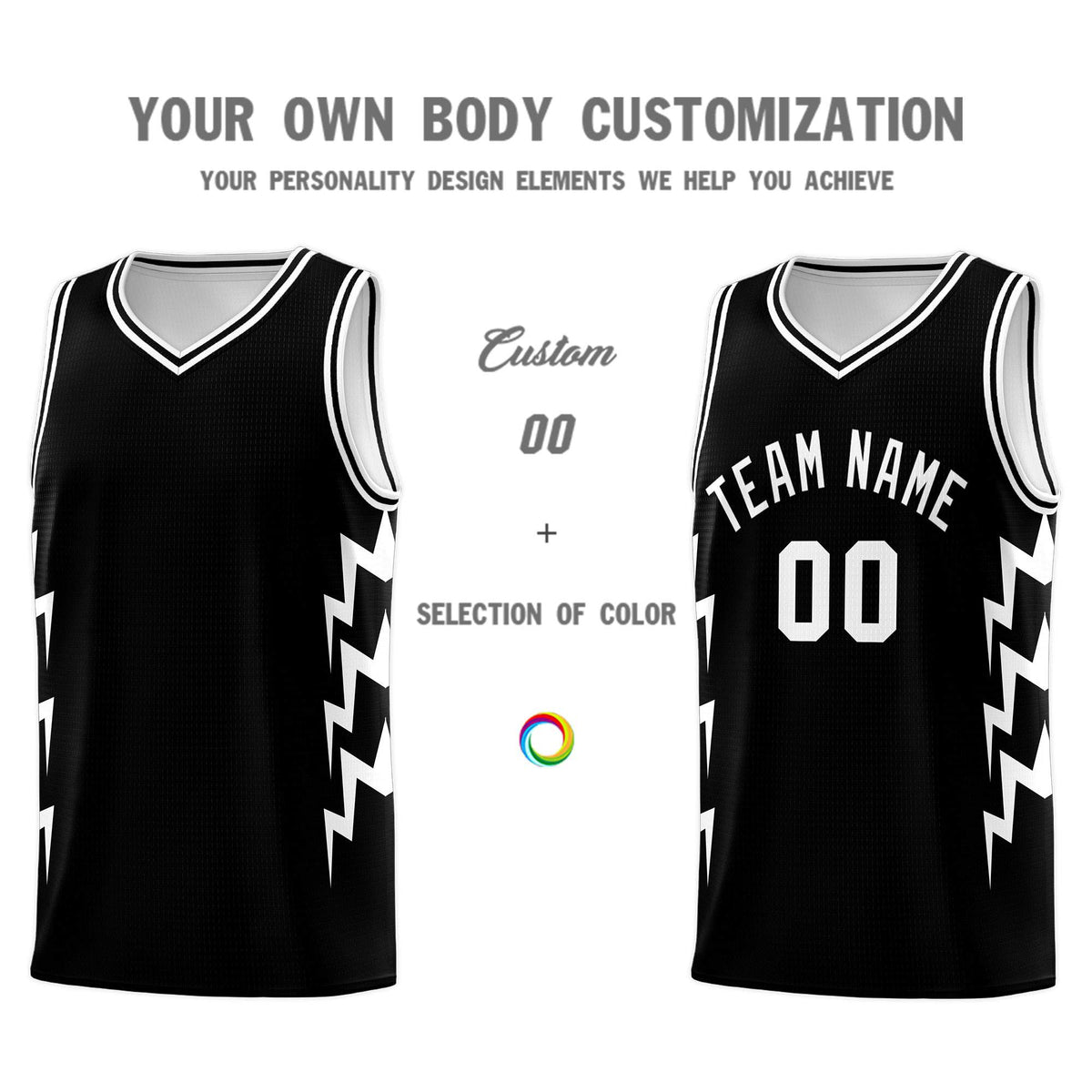 Custom Black Side Lightning Pattern Sports Uniform Basketball Jersey
